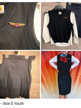 Youth Navy Knit Vest with Winged Pin, Skirt, Button Down